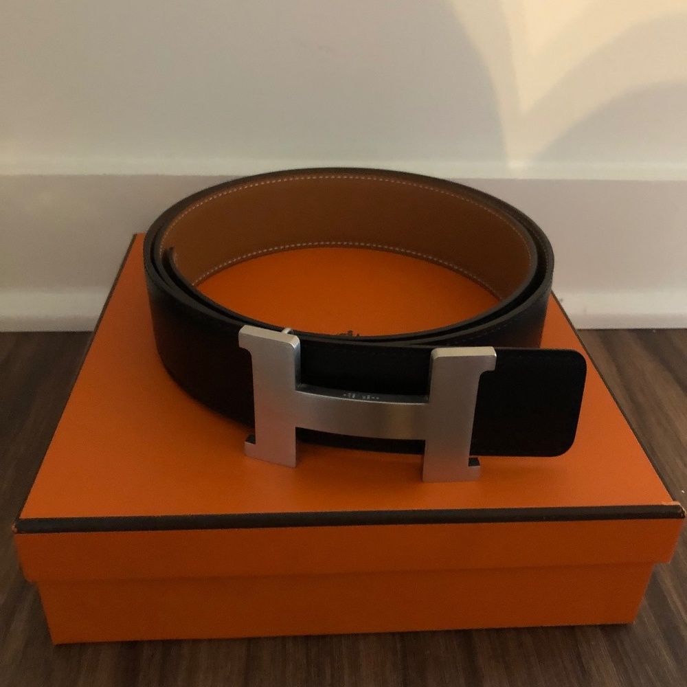 Hermes Authentic 105mm Reversible Black/Caramel Strap & Belt Buckle. Brand New!